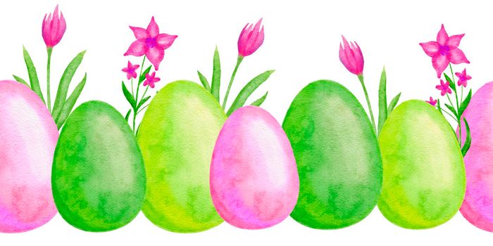 Seamless watercolor hand drawn horizontal borders with Easter eggs green pink tulip daisy flowers cartoon design. April spring print with bright funny elements for Easter cards invitations
