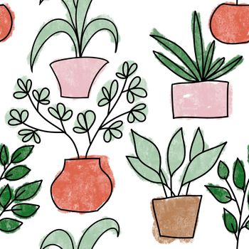 Seamless hand drawn pattern with houseplants, indoor plants flowers in pots, green leaves potted herbs. Urban jungle concept zz plant monstera snake plant peace lily cactus cacti succulent