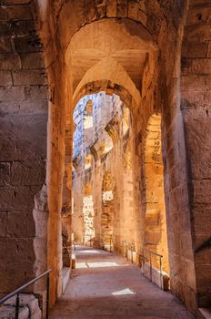 Corridor in ruins of the largest coliseum in North Africa. El Jem,Tunisia, UNESCO.