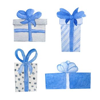 Watercolor seamless hand drawn illustration elements blue grey christmas gifts in decor wrapping paper with bows. Nordic scandinavian neutral colors for new year celebration cards background. Box with shiny ribbon