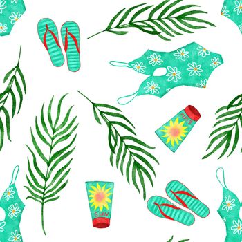 Watercolor hand drawn seamless pattern with beach vibe holiday summer vacation. Sea ocean nautical elements swimwear swimsuit flamingo palm tropical hawaii design. Ice cream bag hat