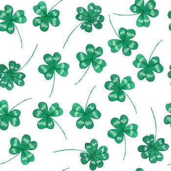 Seamless watercolor hand drawn pattern with St Patricks day elements, green luck clover shamrock nature plant on white isolated background. Irish Ireland celebration, festive holiday design