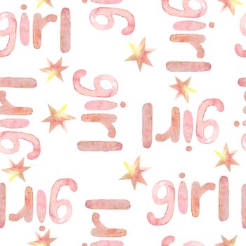 Seamless watercolor hand drawn pattern with it's a girl lettering, rainbows stars and polka dot. Baby shower celebration party design invitation cards textile wallpaper. Pink blush colors magic happy