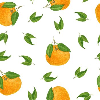 Watercolor hand drawn seamless pattern illustration of bright orange tangerine mandarine citrus fruits with vibrant green leaves. For food organic vegetarian labels, packaging. Natural design trendy