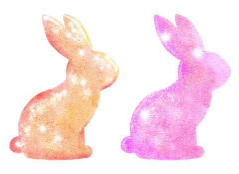 Watercolor Easter bunnies rabbits with shiny shimmering glitter texture, pastel colors design. April spring religious celebration, for cards invitations prints
