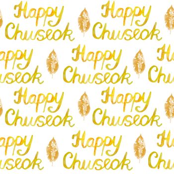 Watercolor happy chuseok words seamless pattern. Phrase lettering font in yellow orange colors. Autumn fall typography for greeting cards posters. Traditional korea korean harvest festival asian celebration
