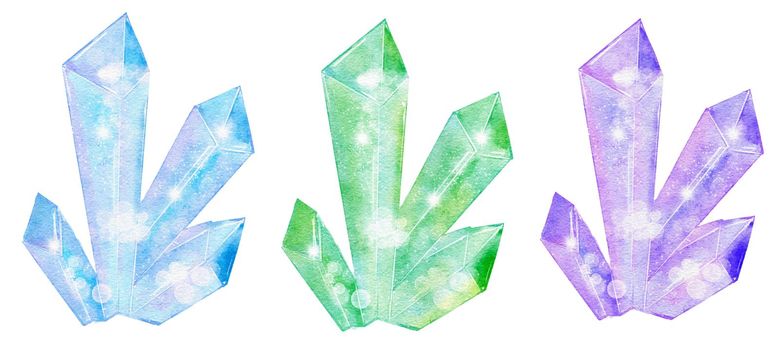 Watercolor illustration of shiny crystals, shimmering gemstones in pastel colors green pink purple blue. Elements for jewelry amethyst zircon magic mystic design, glitter background, witch witchcraft concept