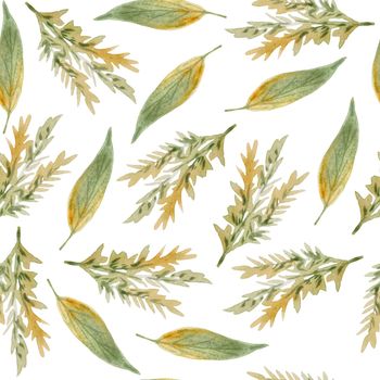 Seamless hand drawn watercolor pattern with green yellow wild herbs leaves in wood woodland forest. Organic natural plants, floral botanical design for wallpapers textile wrapping paper. Fall autumn