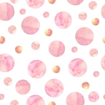 Seamless watercolor hand drawn pattern with pink blush polka dot ornament decoration. Design for girl girlish wallpapertextile wrapping paper. Modern trendy cute elegant minimalist illustration