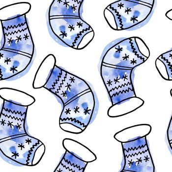 Watercolor seamless hand drawn pattern with Christmas New Year ornaments socks blue turquoise on white background. Black doodle lines trendy modern cartoon style contemporary winter december design