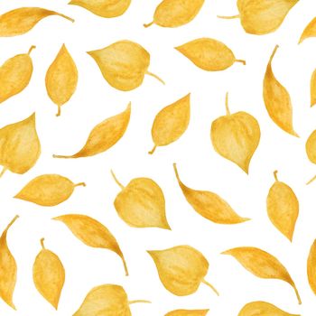 Seamless hand drawn watercolor pattern with ochre yellow wild herbs leaves in wood woodland forest. Organic natural plants, floral botanical design for wallpapers textile wrapping paper. Fall autumn