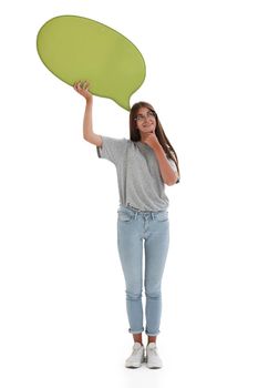 in full growth. pensive young woman with a speech bubble bubble. isolated on white