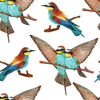 Watercolor seamless hand drawn pattern with wild kingfisher bee-eater birds in forest woodland. Wildlife natural vintage background with floral leaves greenery branches, nature bird flying design