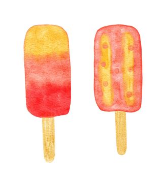 Watercolor hand drawn illustration of two red ornage yellow fruit ice cream posicles on stick. Summer frosty snack refreshment, sugar tasty delicious food, bright beach concept