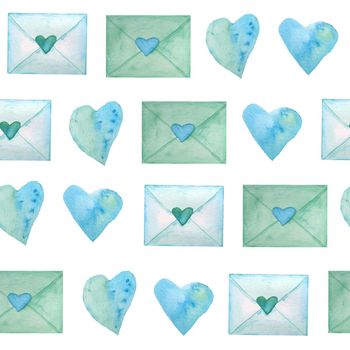 Seamless watercolor hand drawn pattern with green blue turquoise letters hearts for St Valentine Day fabric textile wrapping paper. Elegant design background for love celebration wedding. Modern print