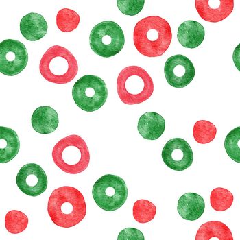 Watercolor seamless hand drawn pattern with red green abstract shapes elements circles rings round polka dot, bright summer background. Minimalist modern fabric print design for textile wallpaper wrapping paper, simple organic forms