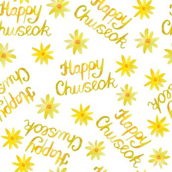Watercolor happy chuseok words seamless pattern. Phrase lettering font in yellow orange colors flowers. Autumn fall typography for greeting cards posters. Traditional korea korean harvest festival asian