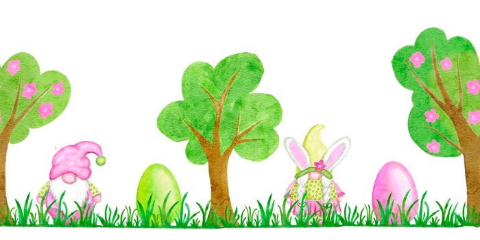 Seamless watercolor hand drawn horizontal borders with Easter eggs gnomes, green pink flowers cartoon design. April spring print with bright funny elements for Easter cards invitations