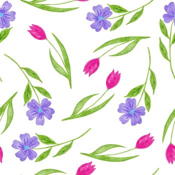 Watercolor seamless hand drawn pattern with spring summer flowers, blue daisy pink tulip. Elegant minimalist design for wedding invitations textile wrapping paper, natural garden concept