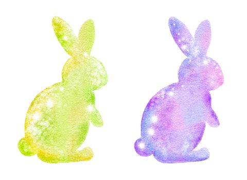 Watercolor Easter bunnies rabbits with shiny shimmering glitter texture, pastel colors design. April spring religious celebration, for cards invitations prints