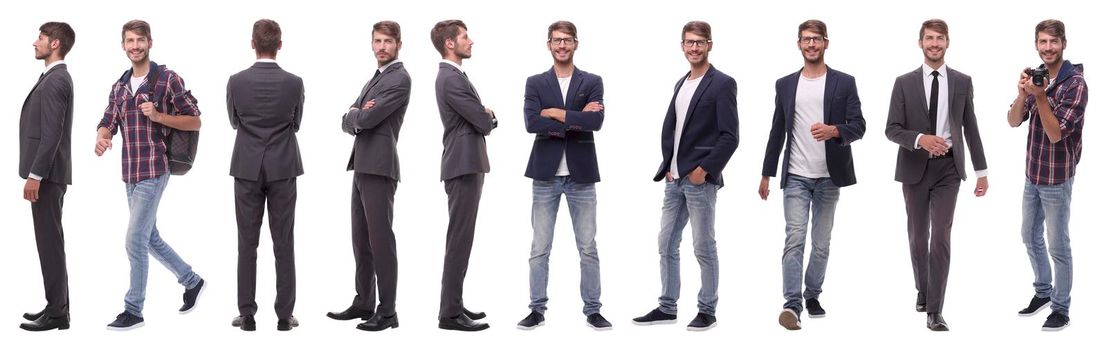 panoramic collage of self-motivated young man .isolated on white background