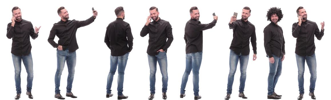 photo collage of a modern young man with a smartphone. isolated on a white background