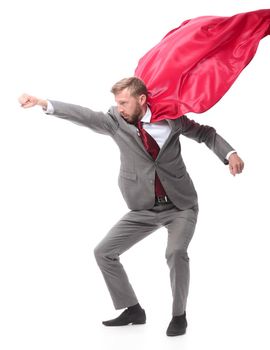 side view . businessman Superman, takes the start to his goal. isolated on white