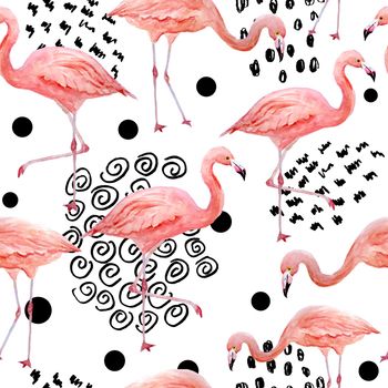 Seamless pattern of pink flamingo with black trendy contemporary background. Tropical exotic bird rose flamingos. Watercolor hand drawn realistic animal illustration. Summer bird wildlife. Wrapping paper wallpaper cards textile