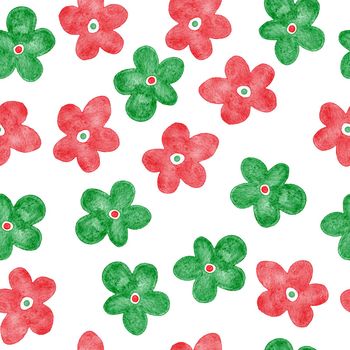 Watercolor seamless hand drawn pattern with red green abstract shapes elements flowers, bright summer background. Minimalist modern fabric print design for textile wallpaper wrapping paper, simple organic forms