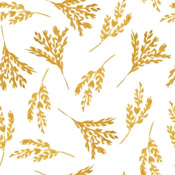 Seamless hand drawn watercolor pattern with ochre yellow wild herbs leaves in wood woodland forest, grain wheat. Organic natural plants, floral botanical design for wallpapers textile. Fall autumn harvest