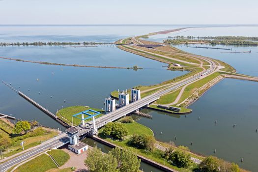 Aerial from sluices at Krabbersgat near Enkhuizen at the IJsselmeer in the Netherlands