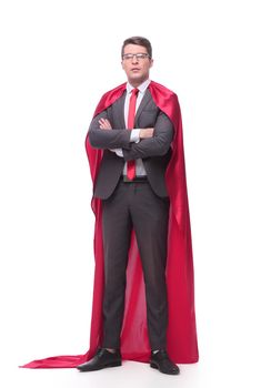 full length . confident businessman superhero in a red Cape. isolated on white