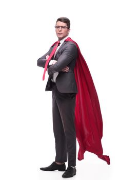 full length . confident businessman superhero in a red Cape. isolated on white