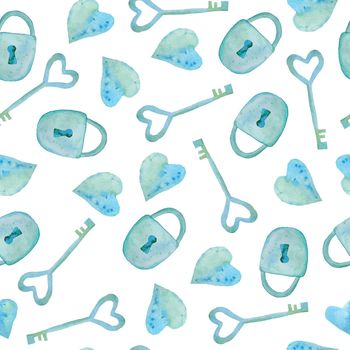 Seamless watercolor hand drawn pattern with lock keys green blue turquoise hearts for St Valentine Day fabric wrapping paper. Elegant design background for love celebration wedding. Texture modern print