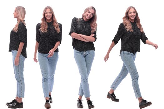 collage of photos of a positive young woman in jeans. isolated on a white background