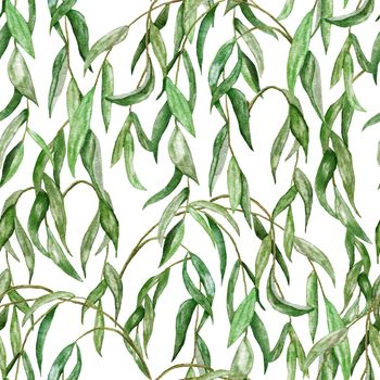Watercolor seamless hand drawn pattern with green willow leaves branch leaf. Elegant vintage background with forest woodland design, victorian style organic print