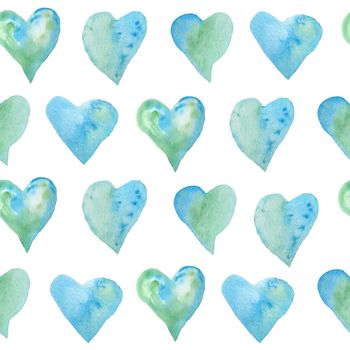 Seamless watercolor hand drawn pattern with green blue turquoise hearts for St Valentine Day fabric wrapping paper. Elegant design background for love celebration wedding. Texture modern print