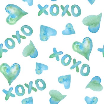Seamless watercolor hand drawn pattern with green blue turquoise hearts for St Valentine Day fabric wrapping paper. Elegant design background for love celebration wedding. Texture modern print