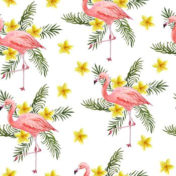 Seamless hand drawn watercolor pattern with pink flamingo, romantic couple in love, palm leaves plumeria frangipani flowers. Tropical exotic bird rose flamingos. Animal illustration. Wedding invitations