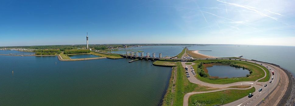 Aerial panorama from Houtrib sluices near Lelystad in the Netherlands