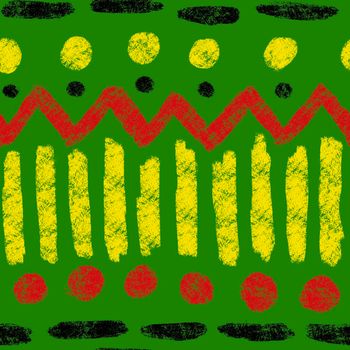 Hand drawn seamless pattern with african geometric ornament design print, Juneteenth freedom 1865 fabric, yellow green red black abstract shapes kente cloth, ethnic background