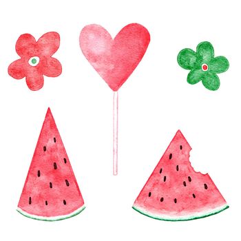 Watercolor hand drawn illustration of watermelon in red and green colors, summer fruit design for party decoration vegetable background. Natural organic plants, slices, seeds elements, fresh food concept