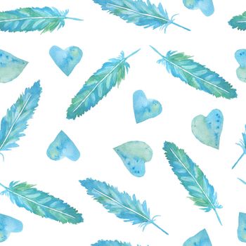 Seamless watercolor hand drawn pattern with green blue turquoise feathers quills hearts for St Valentine Day fabric wrapping paper. Elegant design background for love celebration wedding. Modern print
