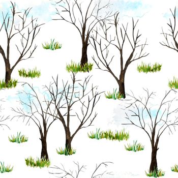 Seamless watercolor hand drawn pattern with spring forest. Green summer trees, grass, flowers, first leaves in outdoor woodland journey adventure for nature lovers natural landscape in cartoon style for textile wallpaper