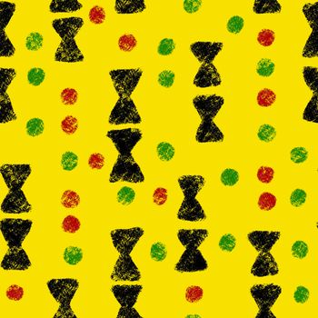 Hand drawn seamless pattern with african geometric ornament design print, Juneteenth freedom 1865 fabric, yellow green red black abstract shapes kente cloth, ethnic background