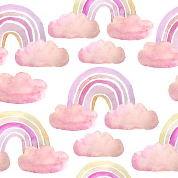 Watercolor seamless hand drawn pattern with bright pink blush coral rainbow clouds sky. Modern design for child kid wallpaper textile nursery decoration. Soft pastel cute colors for girl kids fashion