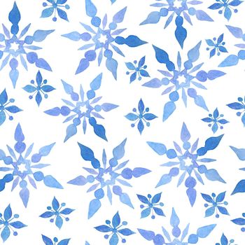 Watercolor hand drawn seamless pattern with blue elegant snowflakes for Christmas new year design wrapping paper textile. Electric blue snow frost pastel invitation celebration. Winter background