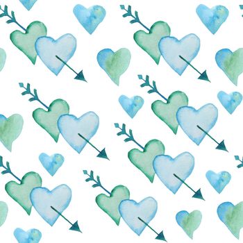 Seamless watercolor hand drawn pattern with green blue turquoise hearts arrows for St Valentine Day fabric wrapping paper. Elegant design background for love celebration wedding. Modern texture