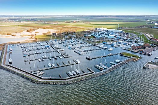 Aerial from the harbor from Hindeloopen in Friesland the Netherlands