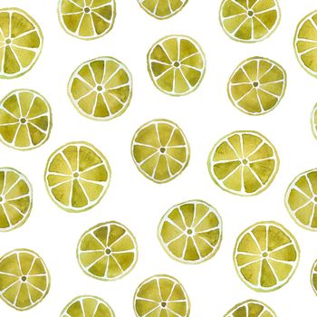 hand drawn watercolor seamless pattern yellow lemon and olive green lime citrus slices. Trendy fresh organic fruits source of vitamin C component for summer cocktails natural bright intense vibrant